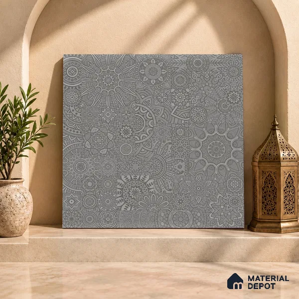 Moroccan Look Floor & Wall Tile TL 06014 Celestial Silver 2 ft x 2 ft Rustic Carving Matte Finish Vitrified Tile - 9 mm | 4 Random Design | Suitable For Kitchen, Bathroom, Dining Area | Please Expect a Slight Variation of Pattern