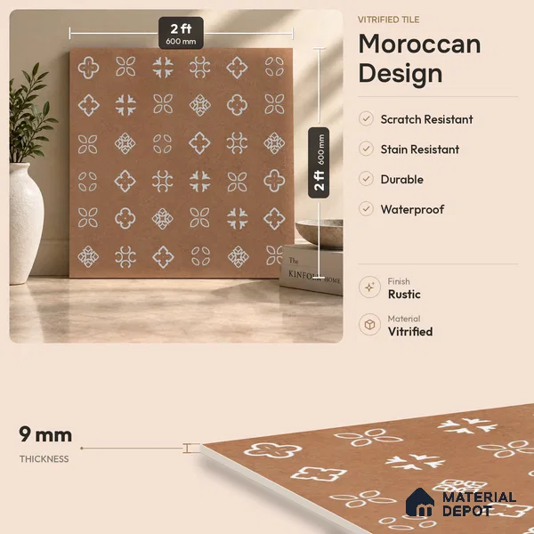Moroccans Look Floor & Wall Tile TL 06016 Texture Memoria 2 ft x 2 ft Rustic Carving Matte Finish Vitrified Tile - 9 mm | 4 Random Design | Suitable For Kitchen, Foyer, Balcony | Please Expect a Slight Variation of Pattern