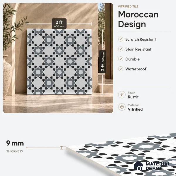 Moroccan Look Floor & Wall Tile TL 06018 Glazed Ice 2 ft x 2 ft Rustic Carving Matte Finish Vitrified Tile - 9 mm | 1 Random Design | Suitable For Kitchen, Bathroom, Dining Area | Please Expect a Slight Variation of Pattern