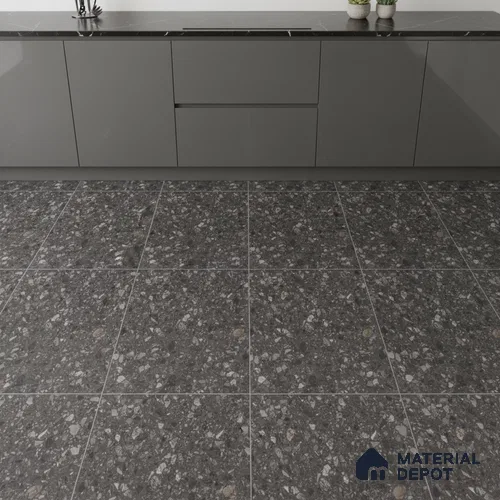 Terrazzo Floor & Wall Tile TL 06022 B Carrara Nero 2 ft x 2 ft Rustic Carving Matte Finish Vitrified Tile - 9 mm | 6 Random Design | Suitable For Living Room, Bedroom, Bathroom, Kitchen & Dining