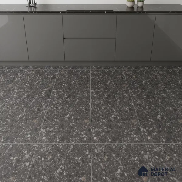 Terrazzo Floor & Wall Tile TL 06022 B Carrara Nero 2 ft x 2 ft Rustic Carving Matte Finish Vitrified Tile - 9 mm | 6 Random Design | Suitable For Living Room, Bedroom, Bathroom, Kitchen & Dining