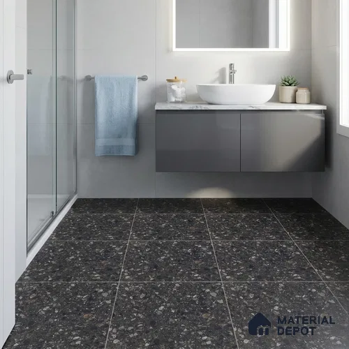 Terrazzo Floor & Wall Tile TL 06022 B Carrara Nero 2 ft x 2 ft Rustic Carving Matte Finish Vitrified Tile - 9 mm | 6 Random Design | Suitable For Living Room, Bedroom, Bathroom, Kitchen & Dining