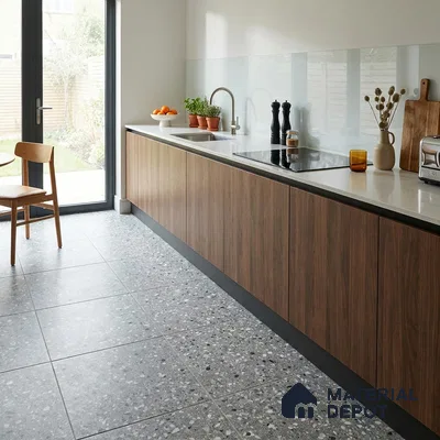 Terrazzo Floor & Wall Tile TL 06022 Carrara White 2 ft x 2 ft Rustic Carving Matte Finish Vitrified Tile - 9 mm | 6 Random Design | Suitable For Living Room, Bedroom, Bathroom, Kitchen & Dining