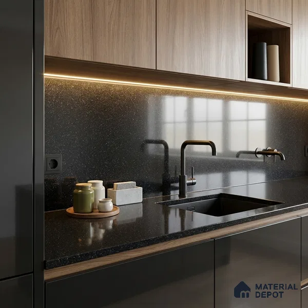 Terrazzo Counter Top Slab TL 06031 Galaxy Nero 8 ft x 2.6 ft mm Full Body Vitrified Glossy Finish - 15 mm | Suitable For Counter Top, Dining Table Top & Window Frame