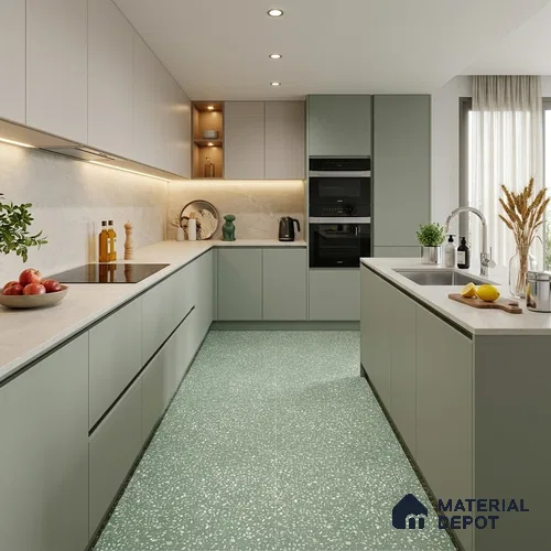 Terrazzo Floor & Wall Tile TL 06086 D Terrazzo Green 4 ft x 2 ft Vitrified Matte Finish - 9 mm | 8 Random Design | Suitable For Living Room, Bedroom, Bathroom, Kitchen