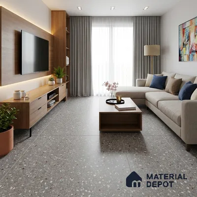 Terrazzo Floor & Wall Tile TL 06122 F Cementi Grey Terrazo 4 ft x 2 ft Vitrified Matte Finish - 9 mm | Suitable For Living Room, Bedroom, Bathroom, Kitchen