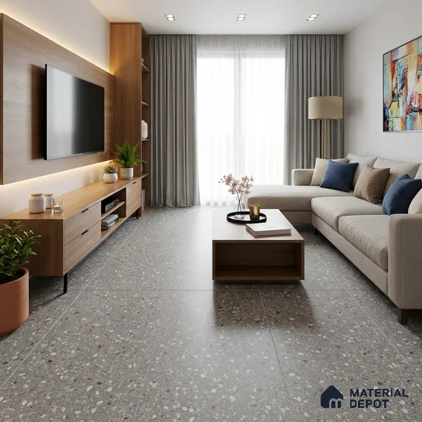 Terrazzo Floor & Wall Tile TL 06122 F Cementi Grey Terrazo 4 ft x 2 ft Vitrified Matte Finish - 9 mm | Suitable For Living Room, Bedroom, Bathroom, Kitchen