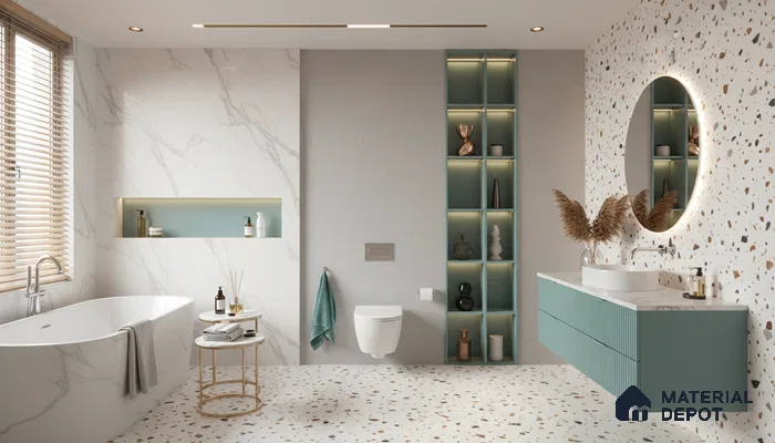 Terrazzo Floor & Wall Tile TL 06131 Gravity Bianco Royal 4 ft x 2 ft Vitrified Carving Matte Finish - 9 mm | 4 Random Design | Suitable For Living Room, Bedroom, Bathroom, Kitchen