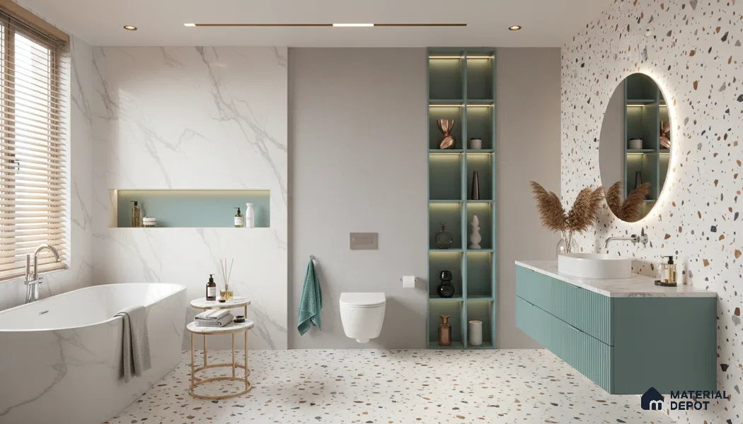 Terrazzo Floor & Wall Tile TL 06131 Gravity Bianco Royal 4 ft x 2 ft Vitrified Carving Matte Finish - 9 mm | 4 Random Design | Suitable For Living Room, Bedroom, Bathroom, Kitchen