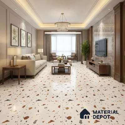 Terrazzo Floor & Wall Tile TL 06131 Gravity Bianco Royal 4 ft x 2 ft Vitrified Carving Matte Finish - 9 mm | 4 Random Design | Suitable For Living Room, Bedroom, Bathroom, Kitchen