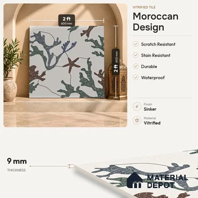 Moroccan Look Floor & Wall Tile TL 06155 Alpha 2 ft x 2 ft Sinker Finish Vitrified Tile - 9 mm | Suitable For Kitchen, Accent/Feature Wall, Dining Area | Please Expect a Slight Variation of Pattern & Random Designs