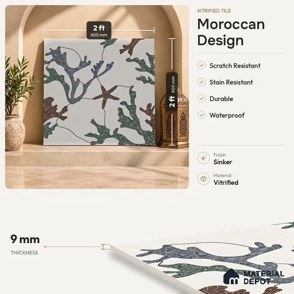 Moroccan Look Floor & Wall Tile TL 06155 Alpha 2 ft x 2 ft Sinker Finish Vitrified Tile - 9 mm | Suitable For Kitchen, Accent/Feature Wall, Dining Area | Please Expect a Slight Variation of Pattern & Random Designs