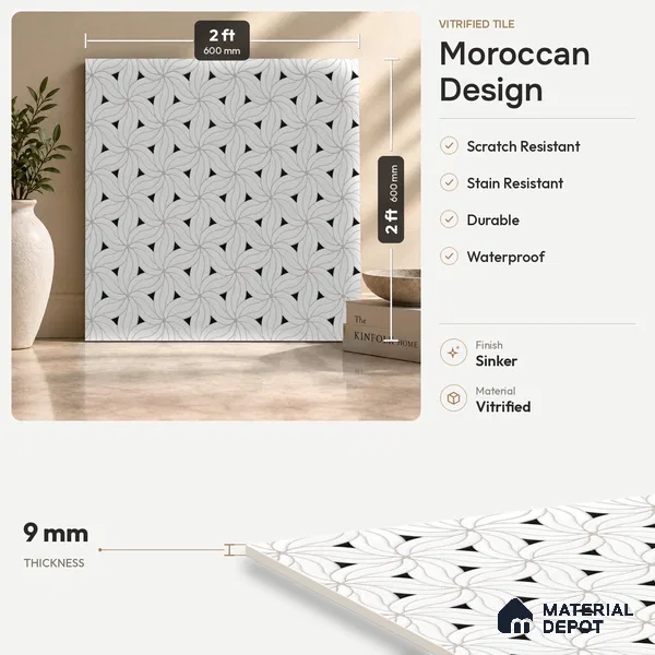 Moroccan Look Floor & Wall Tile TL 06156 Canis 2 ft x 2 ft Sinker Finish Vitrified Tile - 9 mm | Suitable For Kitchen, Bathroom, Dining Area | Please Expect a Slight Variation of Pattern