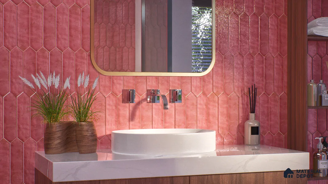 Subway Wall Tile TL 06163 C Cavalier Picket Rose Glow 12 x 3 inch Ceramic Glossy Finish - 10 mm | 16 Random Design | Suitable for Accent / Feature Walls, Bathroom, Kitchen Wall & Backsplashes