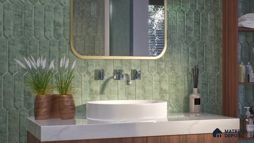 Subway Wall Tile TL 06163 E Cavalier Picket Green Luster 12 x 3 inch Ceramic Glossy Finish - 10 mm | 16 Random Design | Suitable for Accent / Feature Walls, Bathroom, Kitchen Wall & Backsplashes