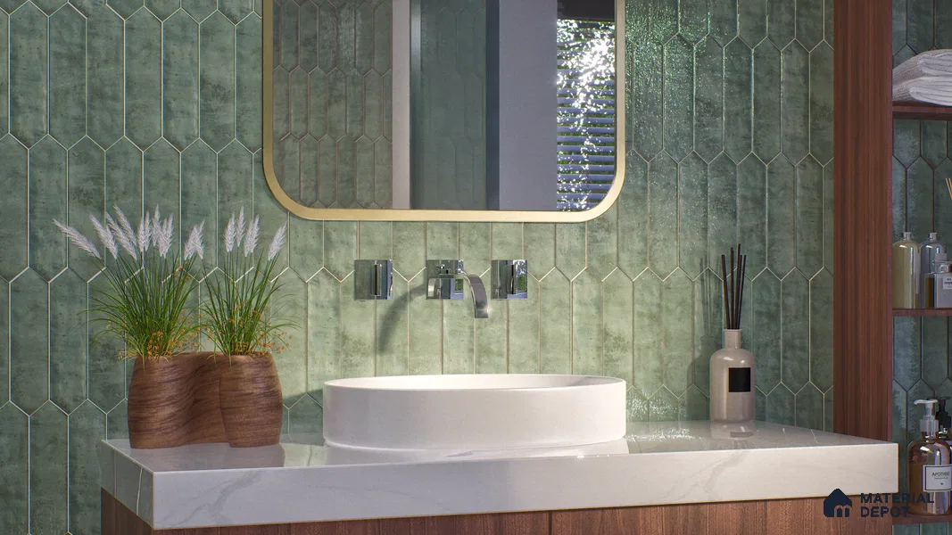 Subway Wall Tile TL 06163 E Cavalier Picket Green Luster 12 x 3 inch Ceramic Glossy Finish - 10 mm | 16 Random Design | Suitable for Accent / Feature Walls, Bathroom, Kitchen Wall & Backsplashes