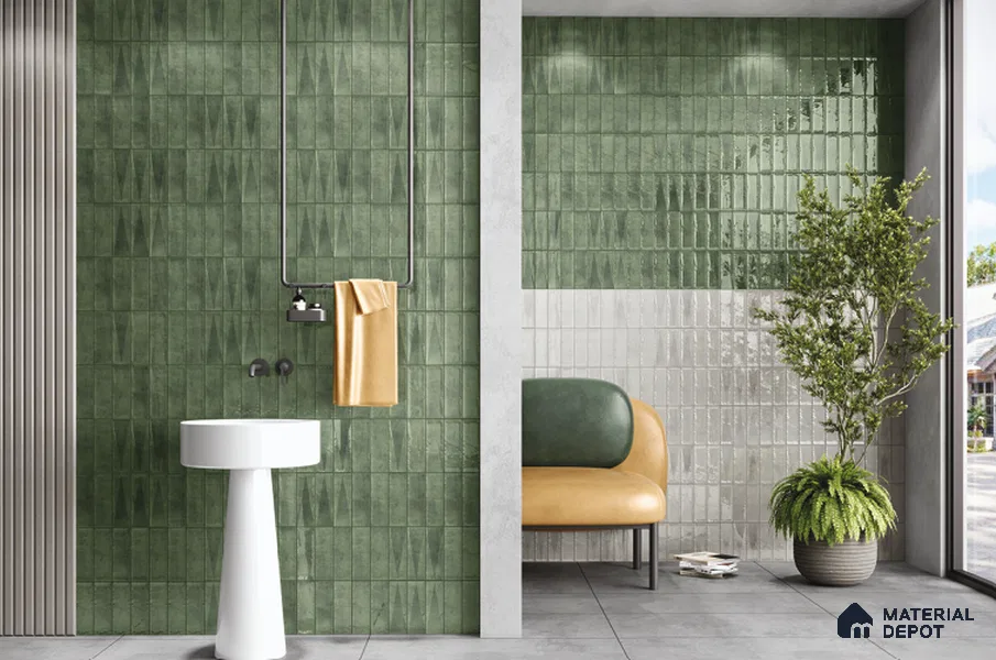 Subway Wall Tile TL 06164 L Solara Forest Green Base 9 x 3 inch Ceramic Glossy Finish - 10 mm | 25 Random Design | Suitable for Accent / Feature Walls, Bathroom, Kitchen Wall & Backsplashes