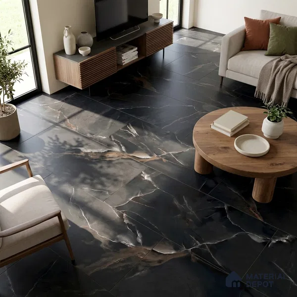 Marble Wall & Floor Tile TL 06193 Black 4 ft x 2 ft Matte Finish Vitrified Tile - 8.5 mm | 7 Random Designs | Suitable For Living Room, Bedroom, Kitchen