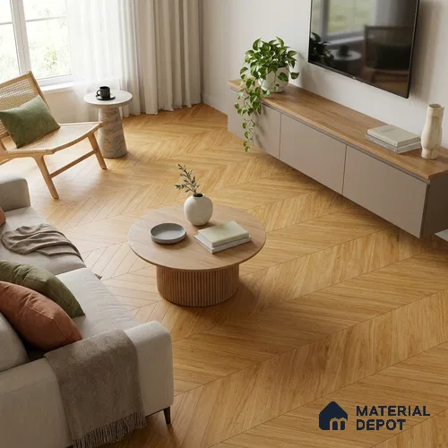 Wood Floor & Wall Tile TL 06267 B Herringbone Golden Oak 4 ft x 2 ft Vitrified Matte Finish - 9 mm (Random Design 4) | Suitable for Living Room, Bedroom, Bathroom & Kitchen