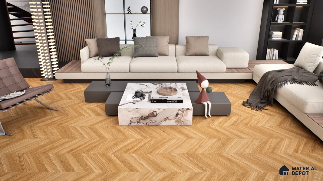 Wood Floor & Wall Tile TL 06267 C Herringbone Rustic Oak 4 ft x 2 ft Vitrified Matte Finish - 9 mm (Random Design 4) | Suitable for Living Room, Bedroom, Bathroom & Kitchen