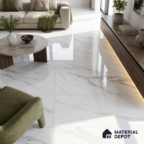 Budget Friendly Marble Statuario Wall & Floor Value For Money Tile TL 06291 Cool White 4 ft x 2 ft Glossy Finish Vitrified Tile - 9 mm | Suitable For Living Room, Bedroom, Dining