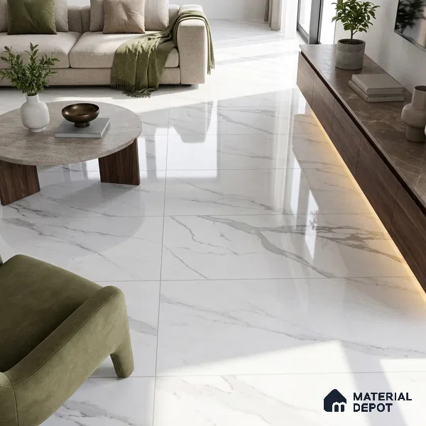 Budget Friendly Marble Statuario Wall & Floor Value For Money Tile TL 06291 Cool White 4 ft x 2 ft Glossy Finish Vitrified Tile - 9 mm | Suitable For Living Room, Bedroom, Dining