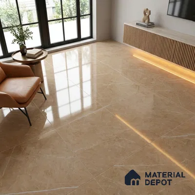 Budget Friendly Marble Dyna Royale Wall & Floor Value For Money Tile TL 06296 Camel Beige 4 ft x 2 ft Glossy Finish Vitrified Tile - 9 mm | Suitable For Living Room, Bedroom, Dining