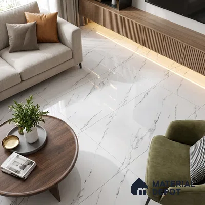 Budget Friendly Marble Statuario Wall & Floor Value For Money Tile TL 06297 Cool White 4 ft x 2 ft Glossy Finish Vitrified Tile - 9 mm | Suitable For Living Room, Bedroom, Dining