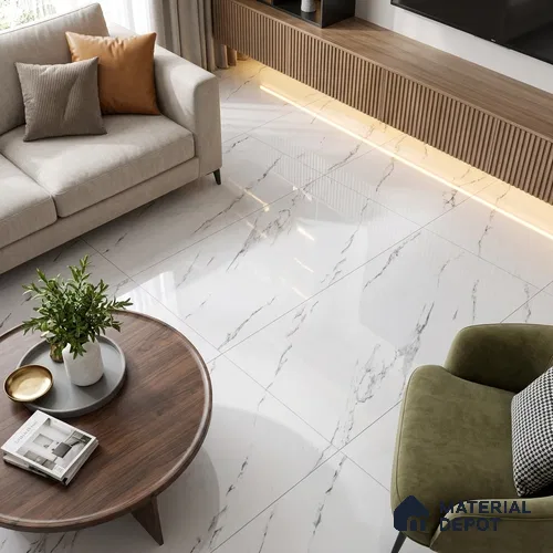 Budget Friendly Marble Statuario Wall & Floor Value For Money Tile TL 06297 Cool White 4 ft x 2 ft Glossy Finish Vitrified Tile - 9 mm | Suitable For Living Room, Bedroom, Dining