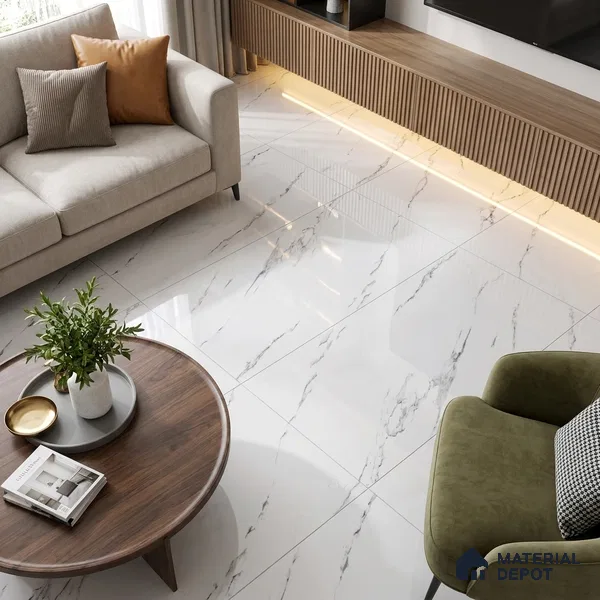 Budget Friendly Marble Statuario Wall & Floor Value For Money Tile TL 06297 Cool White 4 ft x 2 ft Glossy Finish Vitrified Tile - 9 mm | Suitable For Living Room, Bedroom, Dining
