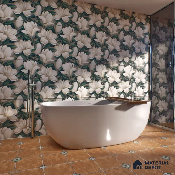 Floral Wall Tile TL 06306 H Florelle Bloom Magnolia 4 ft x 2 ft Vitrified Lustera Effect Feather Feel Matte Finish - 9 mm |  2 Random Design | Suitable for Bathroom, Accent/Feature Wall, Dining Area