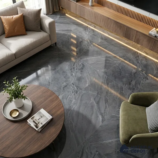 Budget Friendly Marble Bardiglio Wall & Floor Value For Money Tile TL 06307 B Slate Grey 4 ft x 2 ft Glossy Finish Vitrified Tile - 9 mm | Suitable For Living Room, Bedroom, Dining