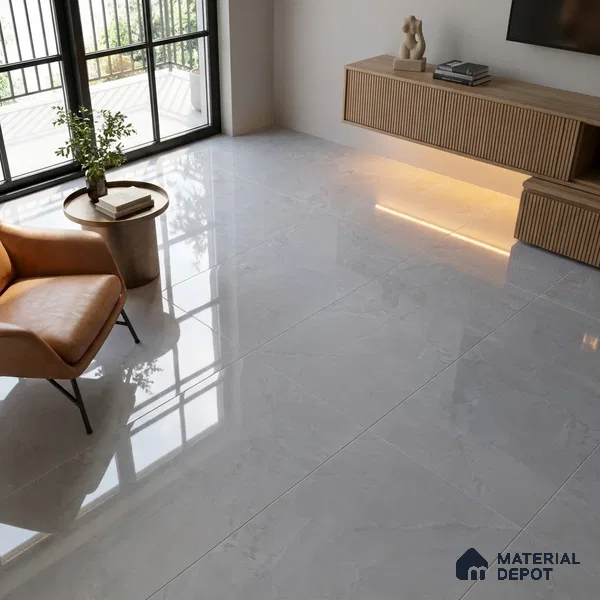 Budget Friendly Marble Tundra Grey Wall & Floor Value For Money Tile TL 06307 Light Grey 4 ft x 2 ft Glossy Finish Vitrified Tile - 9 mm | Suitable For Living Room, Bedroom, Dining