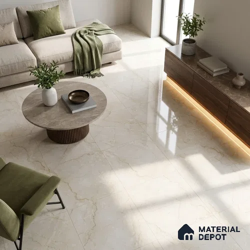 Budget Friendly Marble Crema Marfil Wall & Floor Value For Money Tile TL 06308 Mushroom Beige 4 ft x 2 ft Glossy Finish Vitrified Tile - 9 mm | Suitable For Living Room, Bedroom, Dining
