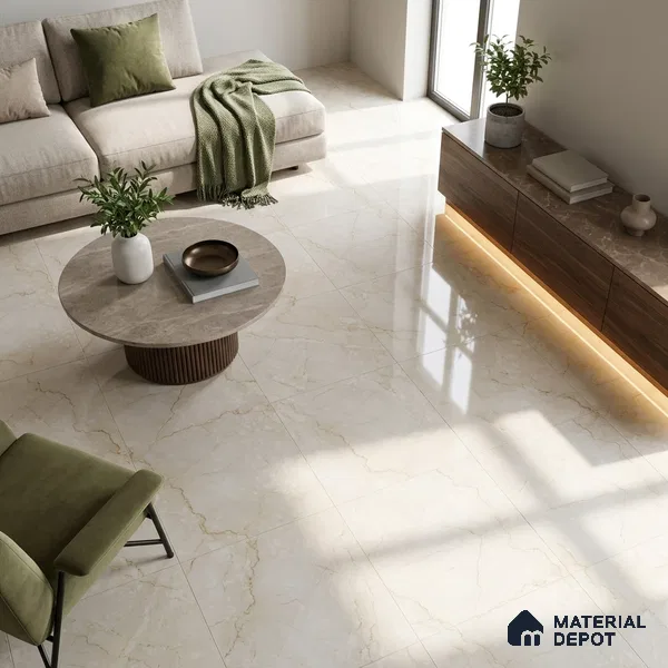 Budget Friendly Marble Crema Marfil Wall & Floor Value For Money Tile TL 06308 Mushroom Beige 4 ft x 2 ft Glossy Finish Vitrified Tile - 9 mm | Suitable For Living Room, Bedroom, Dining