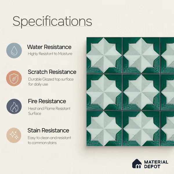 Moroccan Wall & Floor Tile TL 06352 Crystalova 12 inch x 12 inch Ceramic Matte Finish - 9.5 mm | Suitable for Bathroom, Kitchen, Basin Area | Please Expect a Slight Variation of Pattern