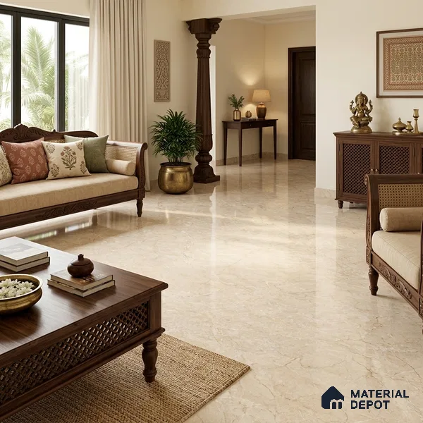 Marble Crema Marfil Wall & Floor Tile TL 06415 Warm Beige 6 ft x 4 ft Glossy Finish Vitrified Tile - 9 mm | Suitable For Living Room, Bedroom, Bathroom | Adhesive and Spacers Must be Used During Installation