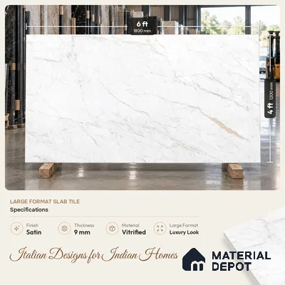 Marble Floor & Wall Large Format Tile TL 06418 Arden White 6 ft x 4 ft Satin Finish Vitrified Tile - 9 mm | Suitable for Living Room, Bedroom & Bathroom | Adhesive and Spacers Must be Used During Installation