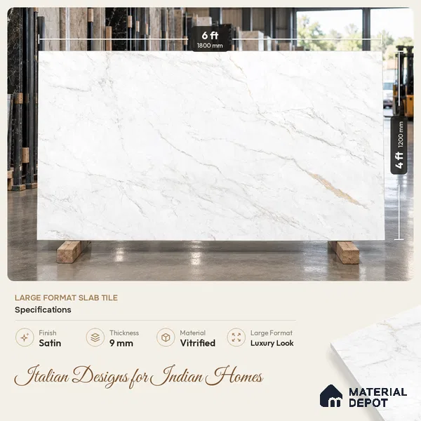 Marble Floor & Wall Large Format Tile TL 06418 Arden White 6 ft x 4 ft Satin Finish Vitrified Tile - 9 mm | Suitable for Living Room, Bedroom & Bathroom | Adhesive and Spacers Must be Used During Installation