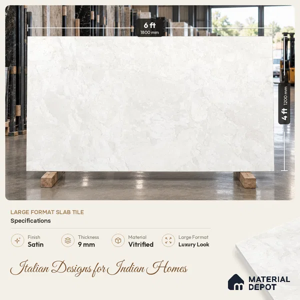 Marble Floor & Wall Large Format Tile TL 06422 Crestola Bianco 6 ft x 4 ft Satin Finish Vitrified Tile - 9 mm | Suitable for Living Room, Bedroom & Bathroom | Adhesive and Spacers Must be Used During Installation