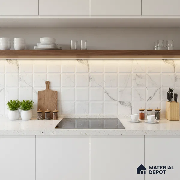 Faux Subway Wall Tile TL 06459 B Carara Milky HL 2 ft x 1 ft Ceramic Glossy Finish - 8 mm | Suitable For Kitchen, Bathroom, Dining Area