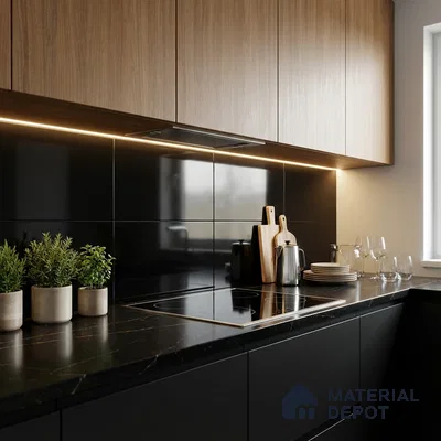 Plain Wall Tile TL 06472 B Midas Black 2 ft x 1 ft Ceramic Glossy Finish - 8 mm | Suitable for Living Room, Kitchen & Bathroom
