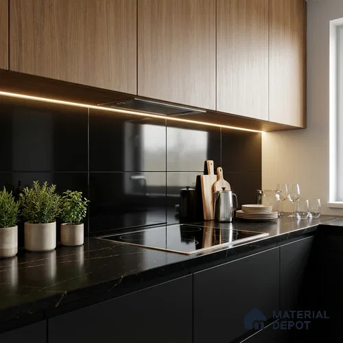 Plain Wall Tile TL 06472 B Midas Black 2 ft x 1 ft Ceramic Glossy Finish - 8 mm | Suitable for Living Room, Kitchen & Bathroom