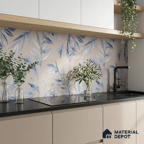 Floral Wall Tile TL 06526 S NG Mandavi Royal Grey Leaf A 2 ft x 1 ft Ceramic Matte Finish - 8 mm | Suitable for Living Room, Kitchen & Bathroom | Please Expect a Slight Variation of Pattern