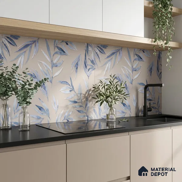 Floral Wall Tile TL 06526 S NG Mandavi Royal Grey Leaf A 2 ft x 1 ft Ceramic Matte Finish - 8 mm | Suitable for Living Room, Kitchen & Bathroom | Please Expect a Slight Variation of Pattern