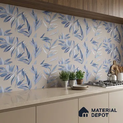 Floral Wall Tile TL 06526 T NG Mandavi Royal Grey Leaf B 2 ft x 1 ft Ceramic Matte Finish - 8 mm | Suitable for Living Room, Kitchen & Bathroom | Please Expect a Slight Variation of Pattern