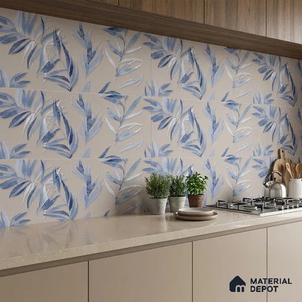 Floral Wall Tile TL 06526 T NG Mandavi Royal Grey Leaf B 2 ft x 1 ft Ceramic Matte Finish - 8 mm | Suitable for Living Room, Kitchen & Bathroom | Please Expect a Slight Variation of Pattern