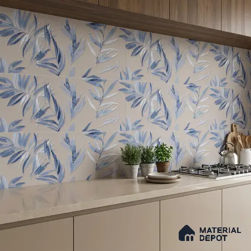 Floral Wall Tile TL 06526 T NG Mandavi Royal Grey Leaf B 2 ft x 1 ft Ceramic Matte Finish - 8 mm | Suitable for Living Room, Kitchen & Bathroom | Please Expect a Slight Variation of Pattern