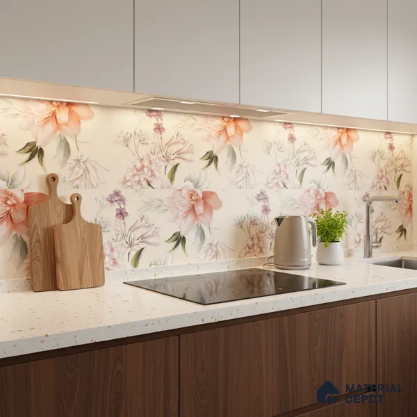 Floral Wall Tile TL 06526 U NG Mandavi Royal Ivory Flower A 2 ft x 1 ft Ceramic Matte Finish - 8 mm | Suitable for Living Room, Kitchen & Bathroom | Please Expect a Slight Variation of Pattern (Sample)