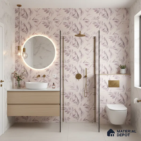 Floral Wall Tile TL 06526 X NG Mandavi Royal Pink Leaf B 2 ft x 1 ft Ceramic Matte Finish - 8 mm | Suitable for Living Room, Kitchen & Bathroom | Please Expect a Slight Variation of Pattern